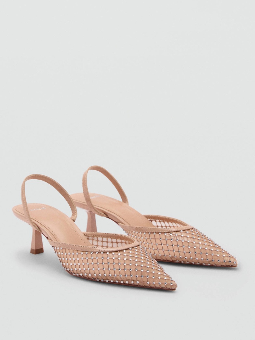 Mango Nude Pink Embellished Mesh Slingback Heels